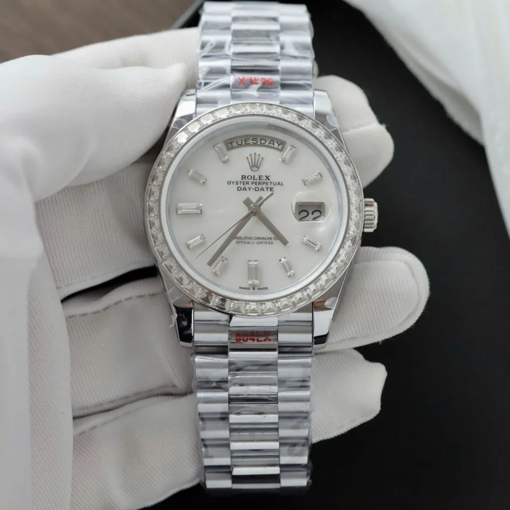 Super Clone Rolex Day-Date White Mother-of-Pearl Diamond Dial 128399tbr-0023 36 mm — dial close-up