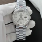 Super Clone Rolex Day-Date White Mother-of-Pearl Diamond Dial 128399tbr-0023 36 mm — dial close-up