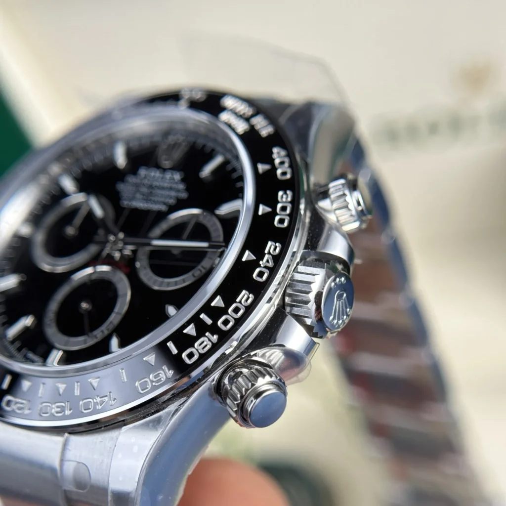 Super Clone Rolex Daytona Black Dial 126500LN “Godzilla” — on leather display