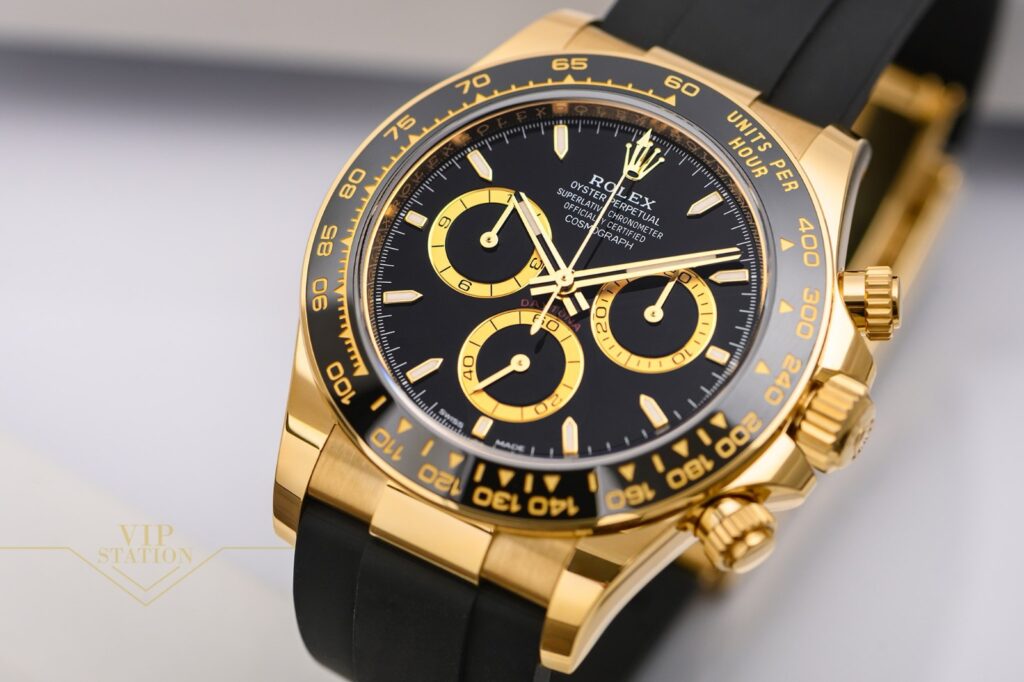 Super Clone Rolex Daytona Black Dial 126518LN — on leather display