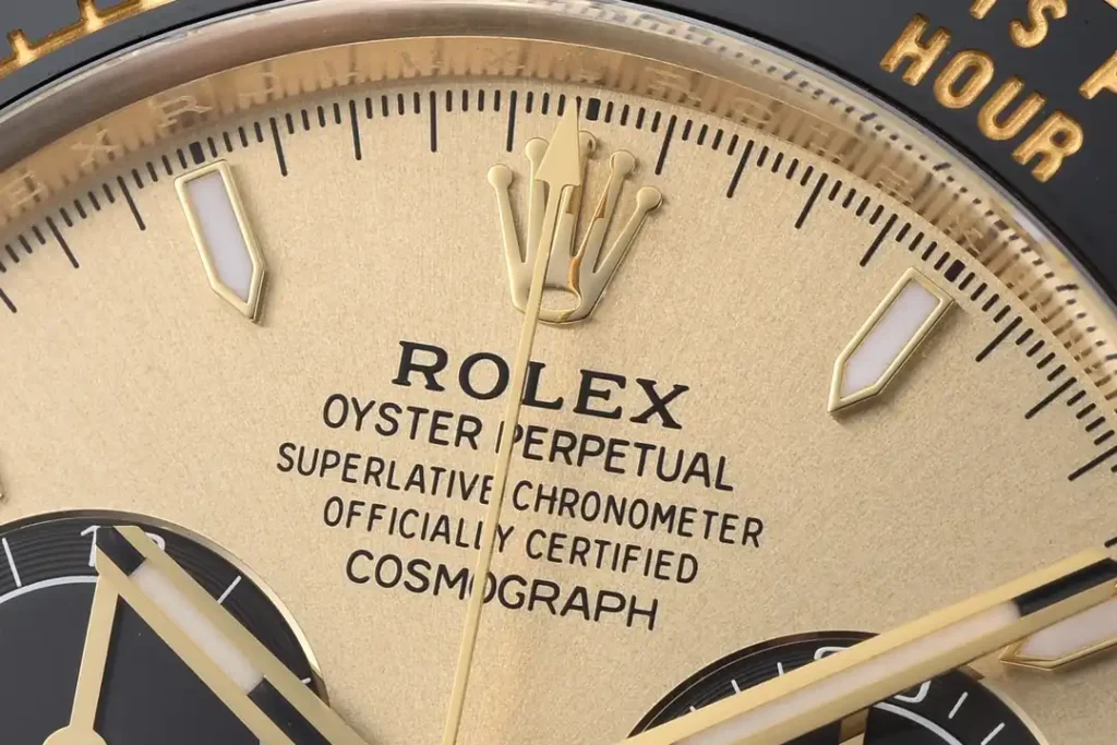 Super Clone Rolex Daytona Golden Dial 126518LN “Pikachu” — on leather display