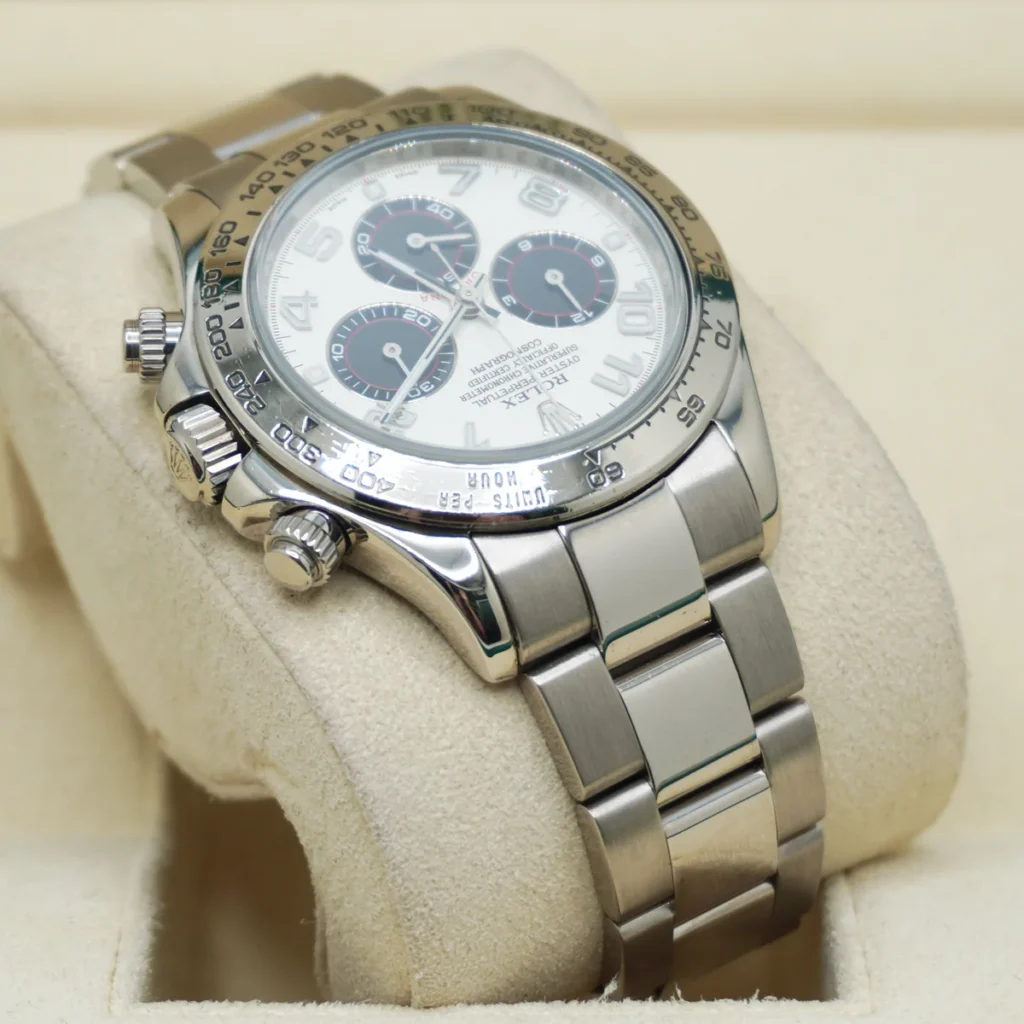 Super Clone Rolex Daytona Panda Dial 116509 Arabic Numberals — on leather display