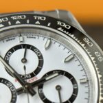Super Clone Rolex Daytona “Panda” White Dial 126500LN — on leather display