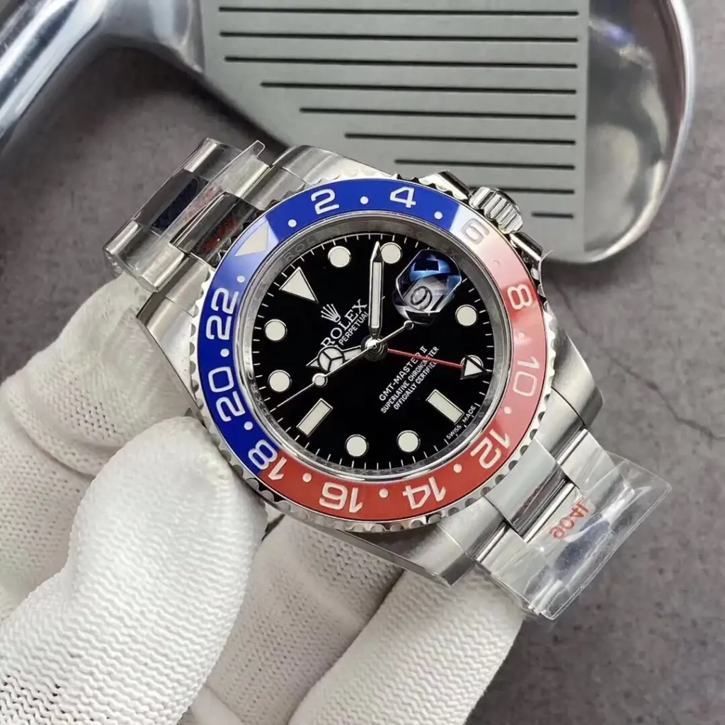 Super Clone Rolex GMT-Master II 126710BLRO “Pepsi” Oyster — case and bezel