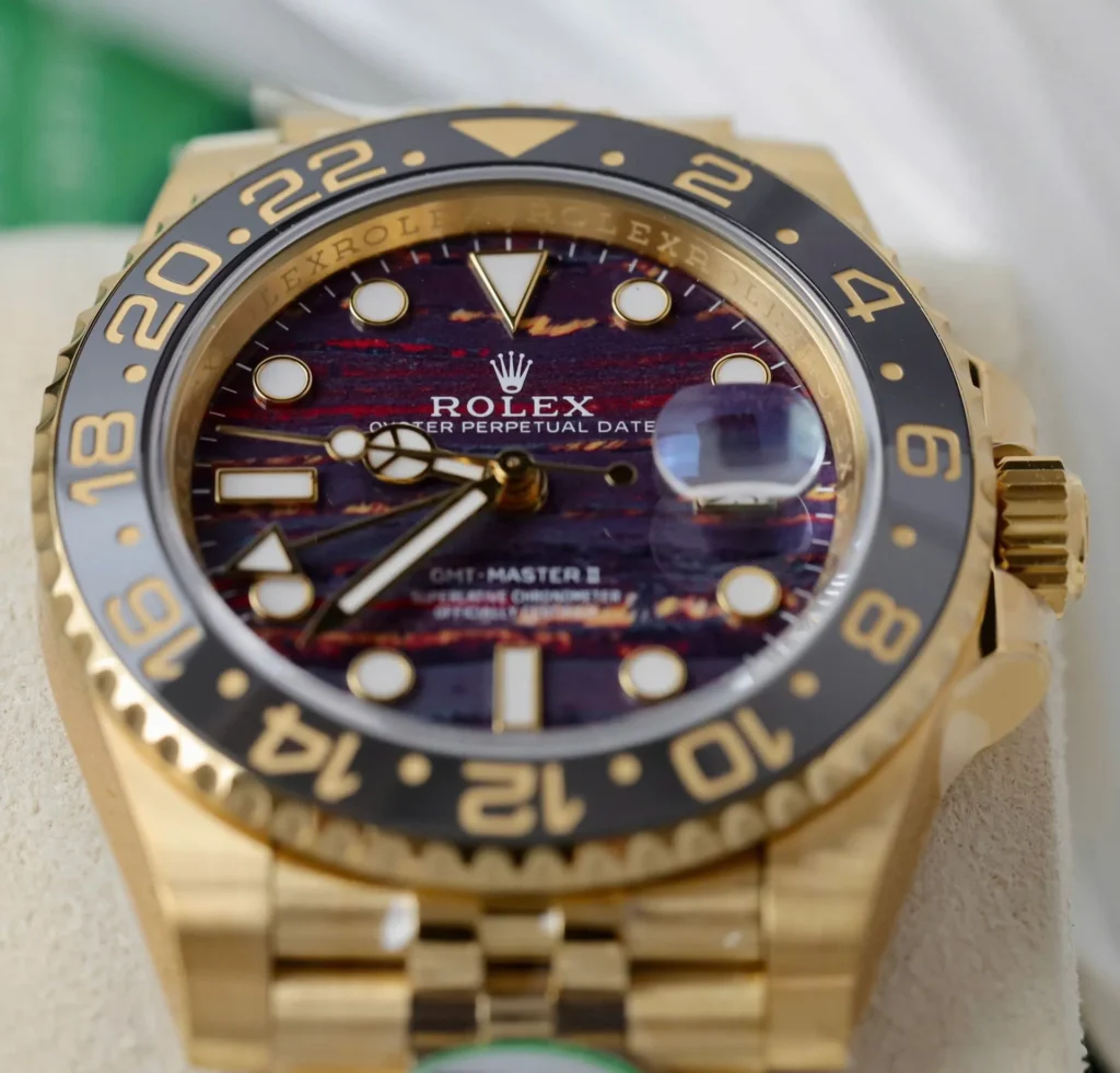 Super Clone Rolex GMT-Master II 126718GRNR Tiger Iron Dial — on leather display