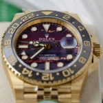 Super Clone Rolex GMT-Master II 126718GRNR Tiger Iron Dial — on leather display