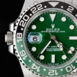 Super Clone Rolex GMT-Master II 126729VTNR Jubilee “Absinthe” — on leather display