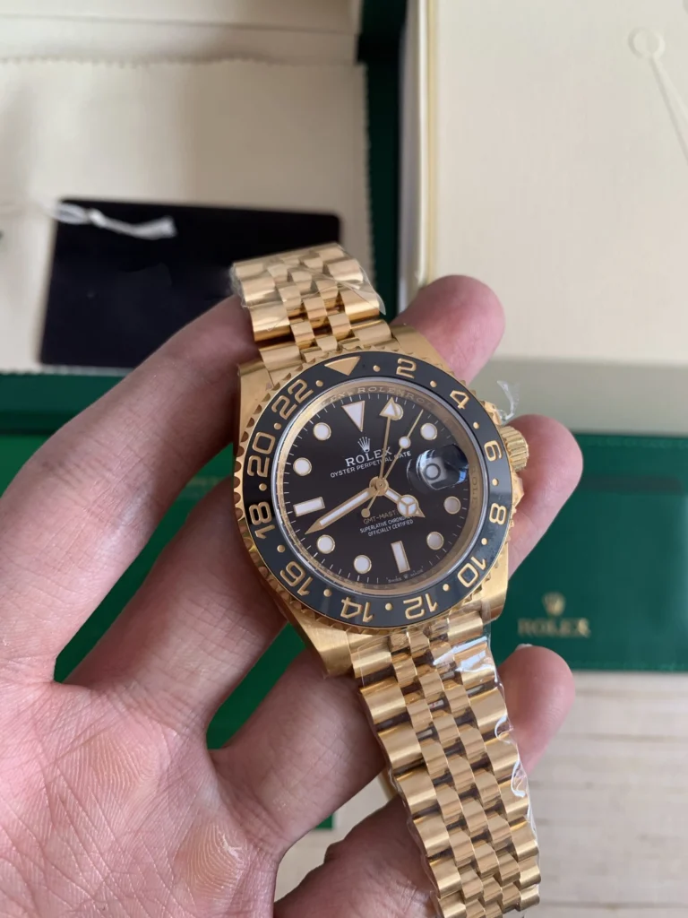 Super Clone Rolex GMT-Master II Black Dial 126718GRNR — on leather display