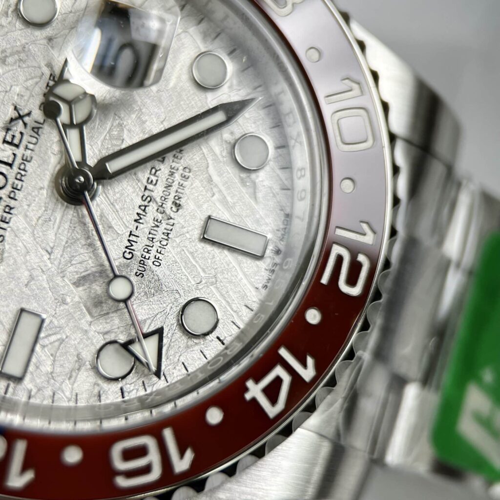 Super Clone Rolex GMT-Master II Meteorite Dial 126719BLRO “Superman” Oyster — on leather display