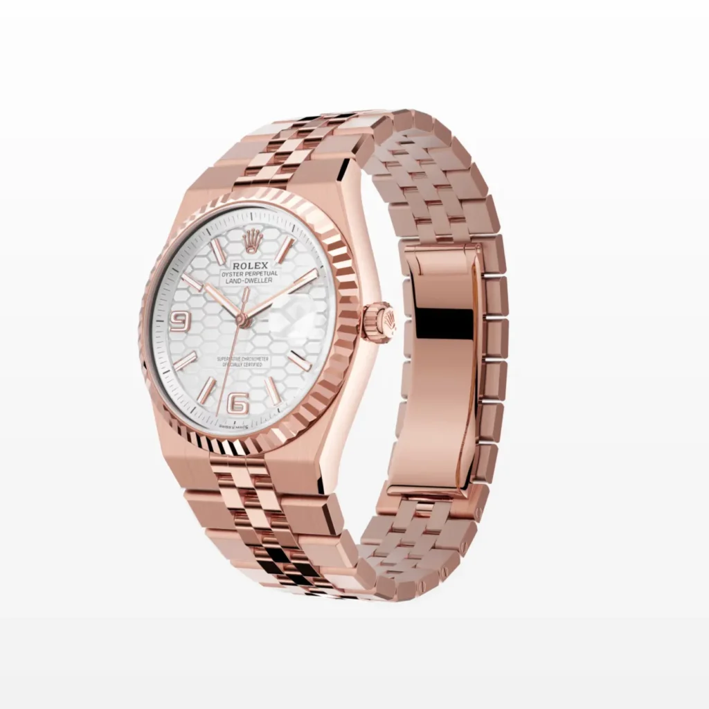 Super Clone Rolex Land-Dweller 36 mm Everose gold (2025) — case and bezel