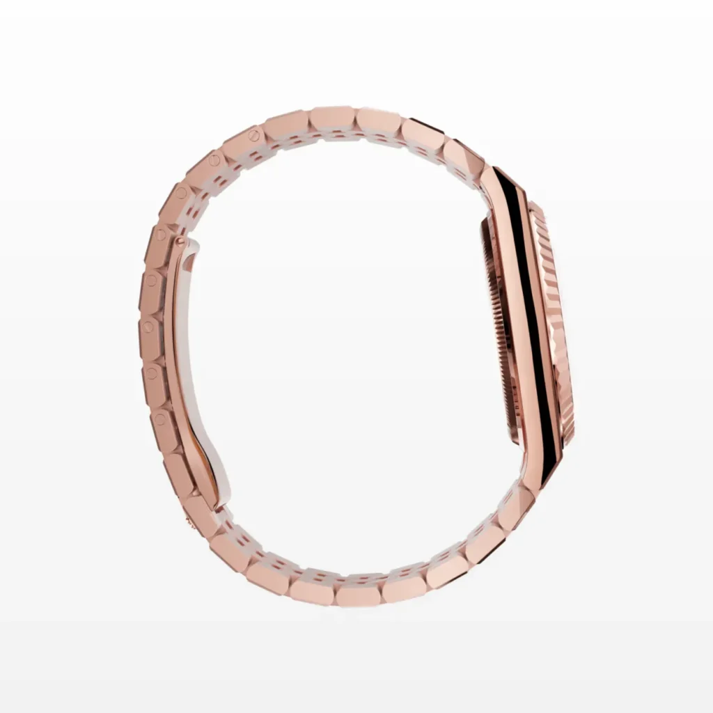 Super Clone Rolex Land-Dweller 36 mm Everose gold (2025) — on leather display