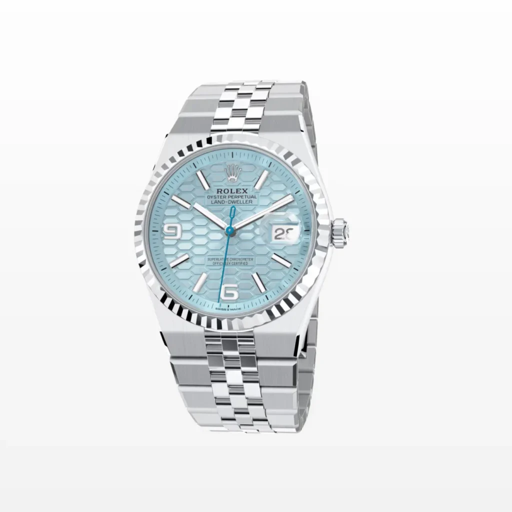 Super Clone Rolex Land-Dweller 36 mm Ice Blue Dial (2025) — dial close-up
