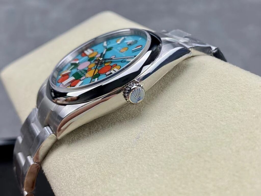 Super Clone Rolex Oyster Perpetual Turquoise Dial 124300 41 mm — on leather display