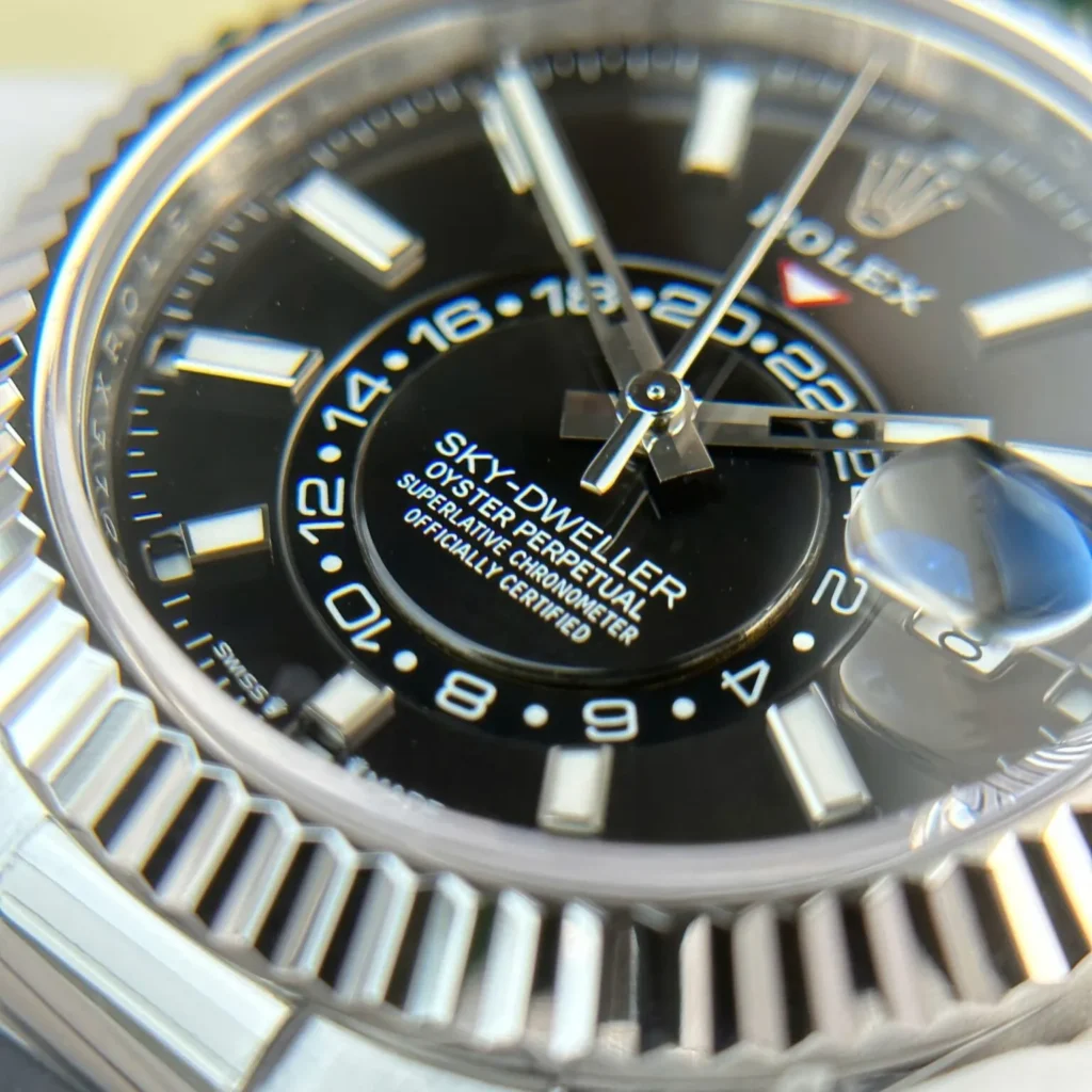 Super Clone Rolex Sky-Dweller Bright black Dial 336239 — on leather display