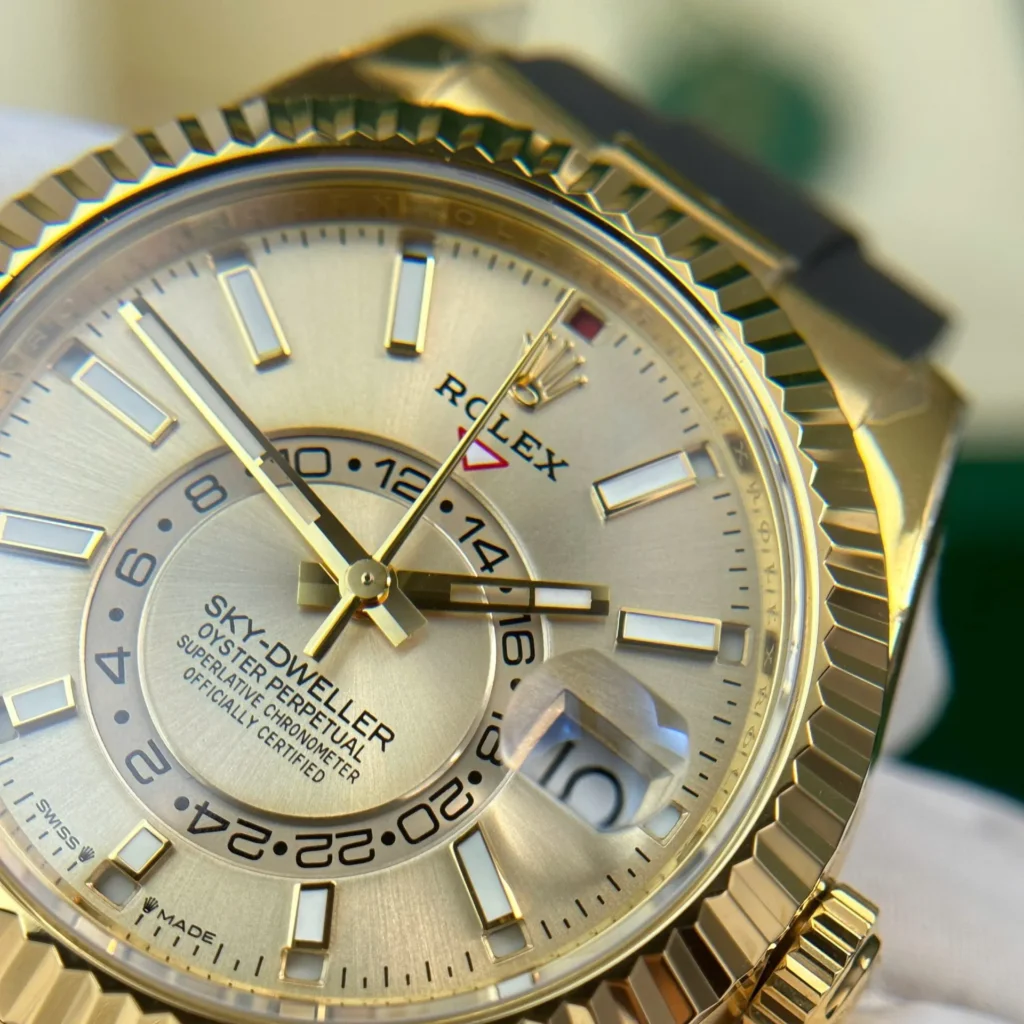 Super Clone Rolex Sky-Dweller Champagne Dial 336238 — on leather display