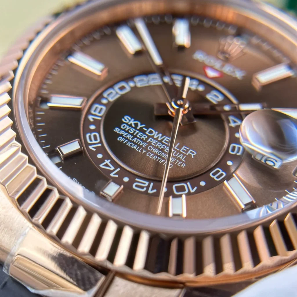 Super Clone Rolex Sky-Dweller Chocolate Dial 336235 — on leather display