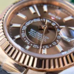 Super Clone Rolex Sky-Dweller Chocolate Dial 336235 — on leather display
