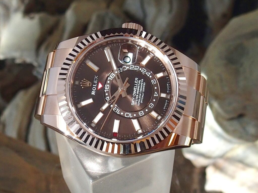 Super Clone Rolex Sky-Dweller Chocolate Dial 336935 — on leather display