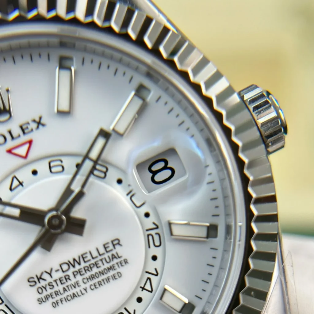 Super Clone Rolex Sky-Dweller Intense white Dial 336239 — on leather display