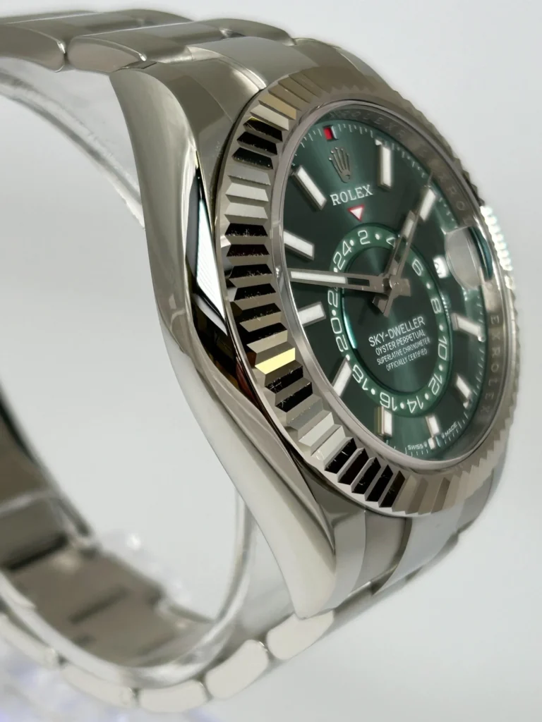 Super Clone Rolex Sky-Dweller Mint green Dial 336934 Oyster — on leather display