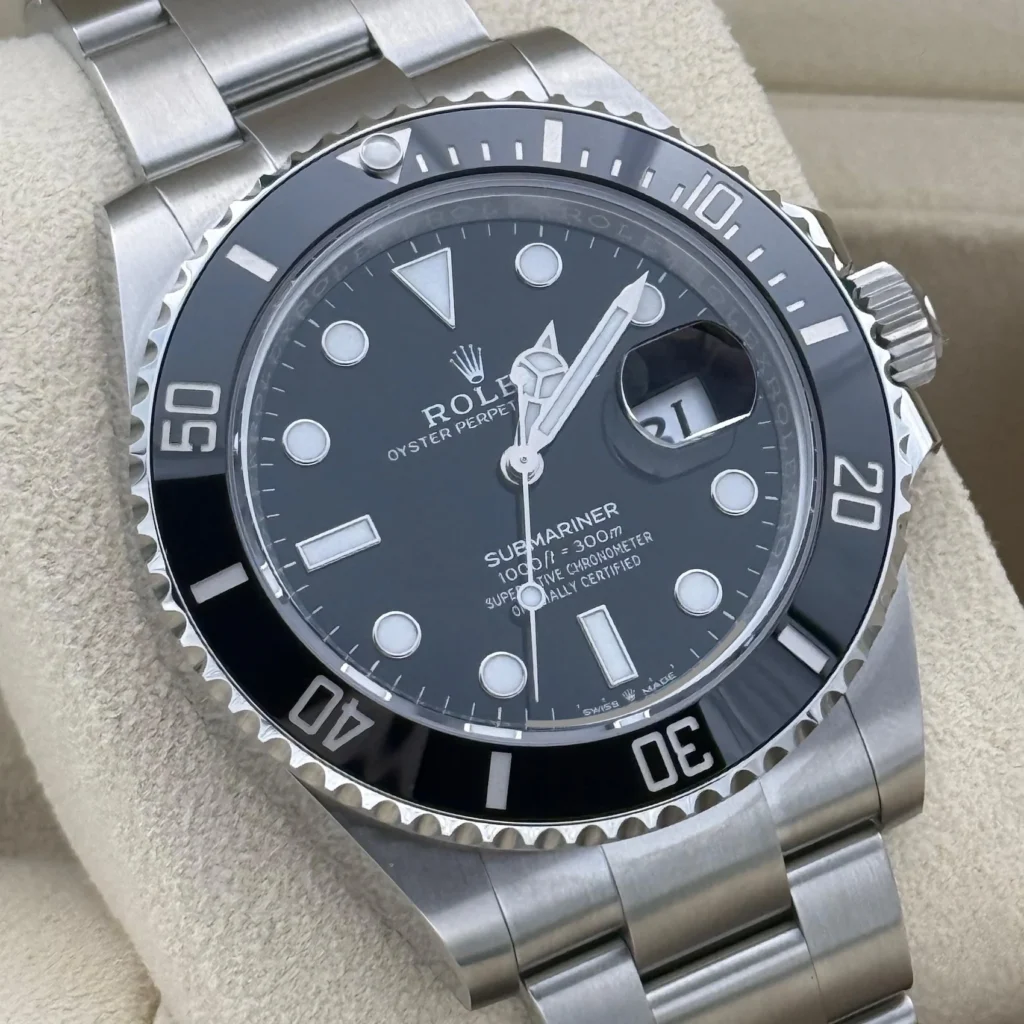 Super Clone Rolex Submariner Black Dial 126610LN — on leather display