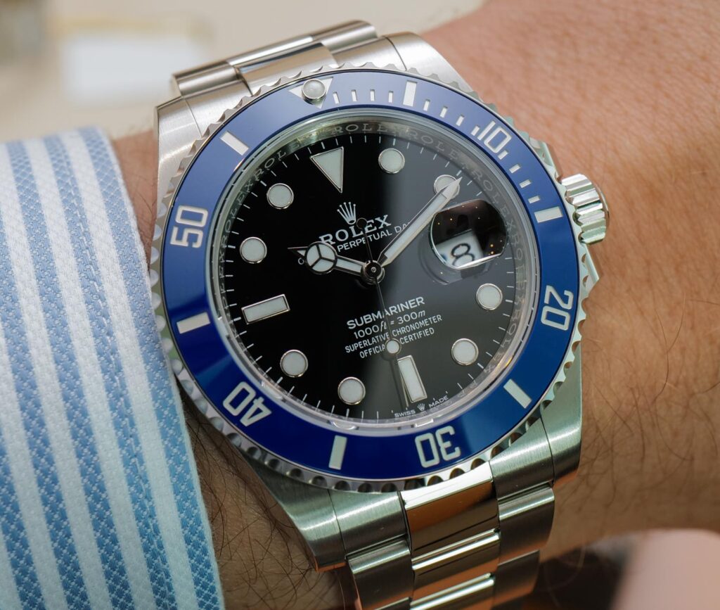 Super Clone Rolex Submariner “Cookie Monster” Black Dial 126619LB — on leather display
