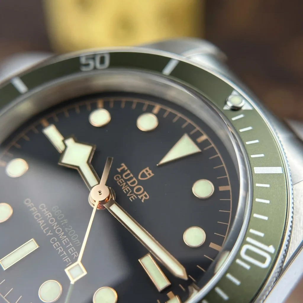 Super Clone Tudor Black Dial Titanium — on leather display