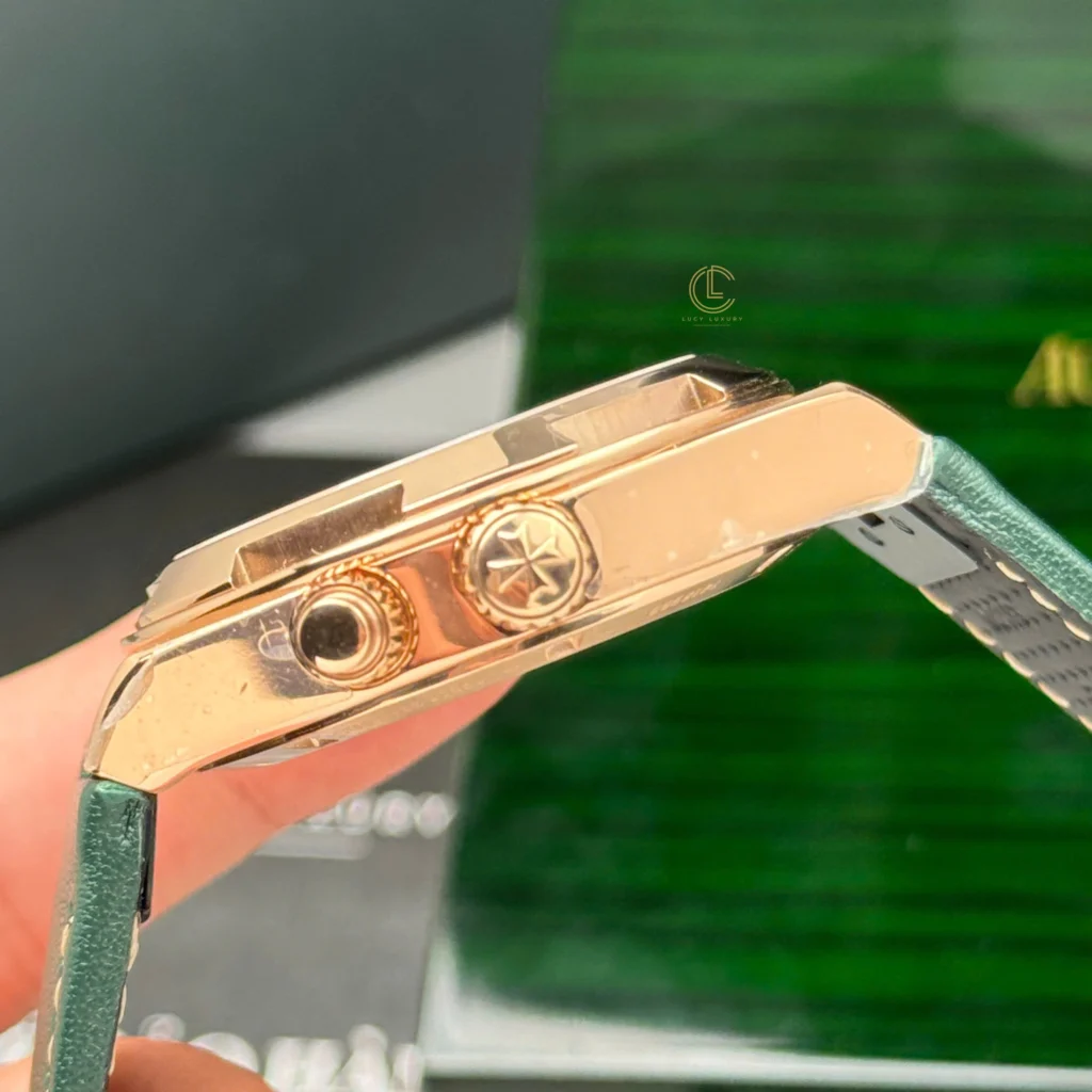 Super Clone Vacheron Constantin Overseas Dual Time 7900V 41mm Green Dial Rose Gold — on leather display