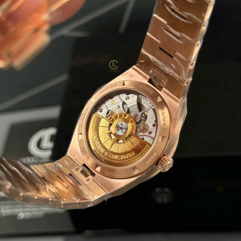 Super Clone Vacheron Constantin Overseas Rose Gold 4500V/110R-B705 41mm Blue Dial — on leather display