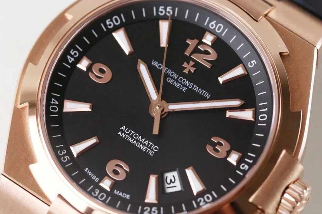 Super Clone Vacheron Constantin Overseas Rose Gold Black Dial Number Roman 42mm — case and bezel