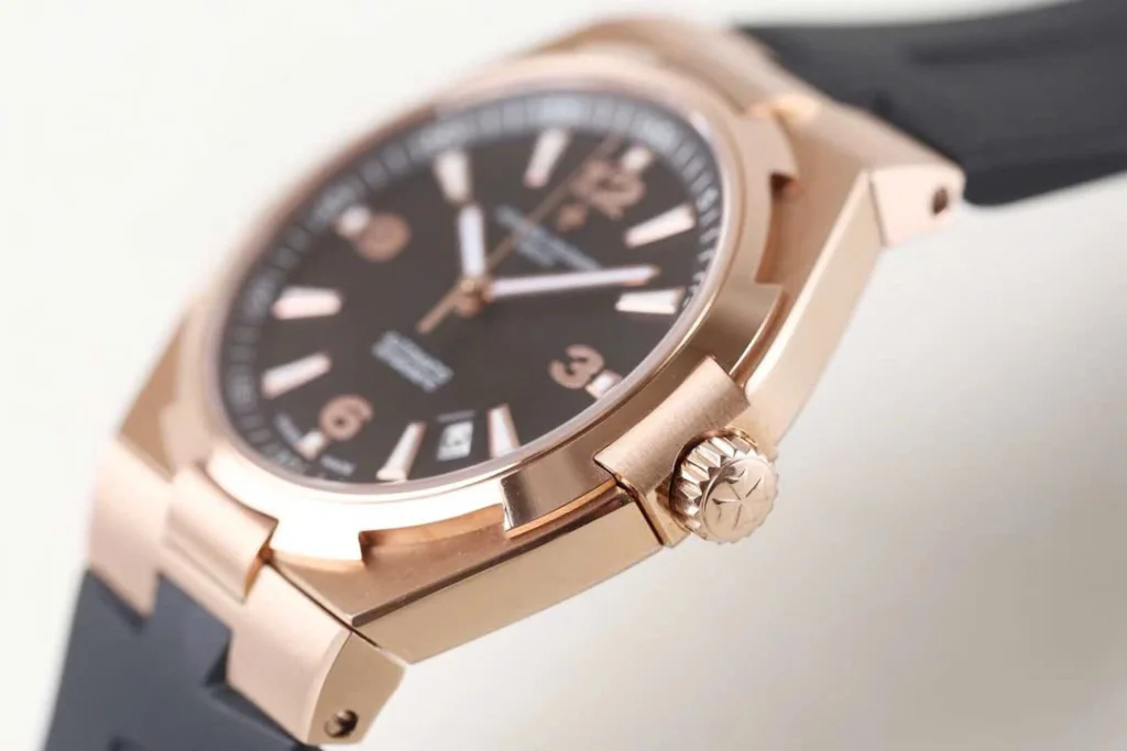 Super Clone Vacheron Constantin Overseas Rose Gold Black Dial Number Roman 42mm — on leather display