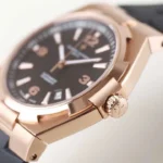 Super Clone Vacheron Constantin Overseas Rose Gold Black Dial Number Roman 42mm — on leather display