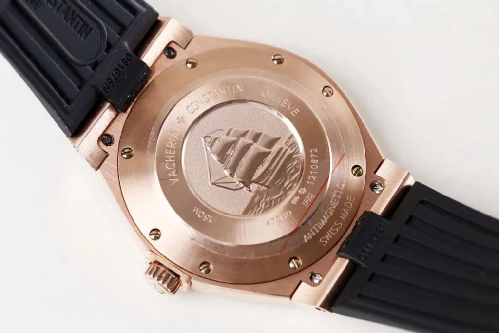 Super Clone Vacheron Constantin Overseas Rose Gold Black Dial Number Roman 42mm — movement / caseback view