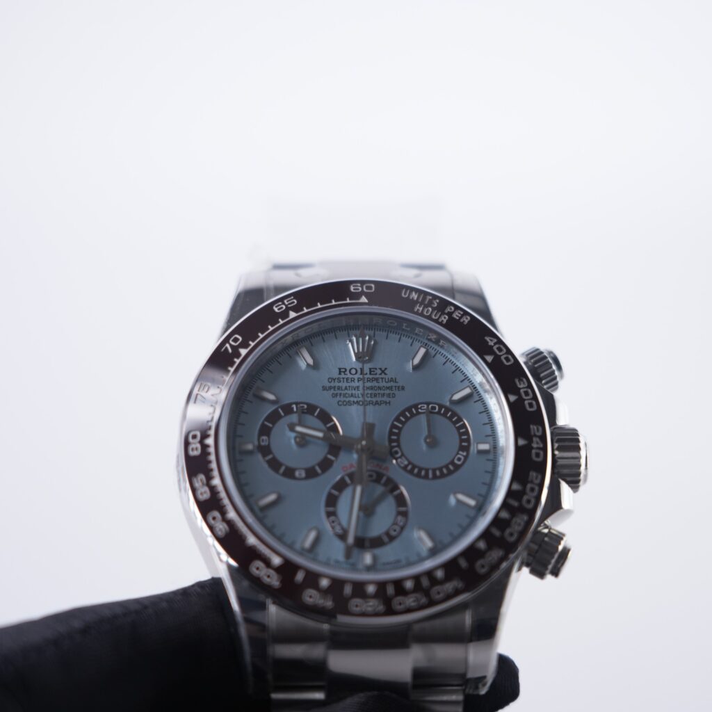Super Clone Rolex Daytona 126506 “Platona” Open Caseback — on leather display