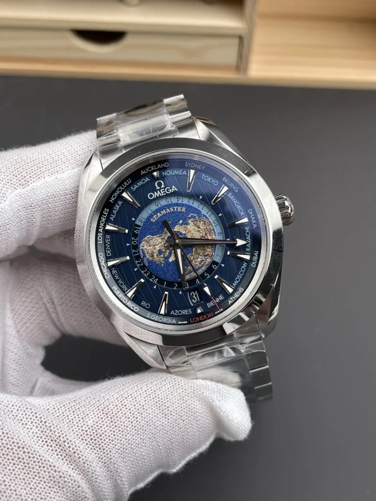 Super Clone Omega Seamaster Aqua Terra Co‑Axial Master Chronometer Gmt Worldtimer 220.10.43.22.03.001 43mm Steel – Swiss SuperClone