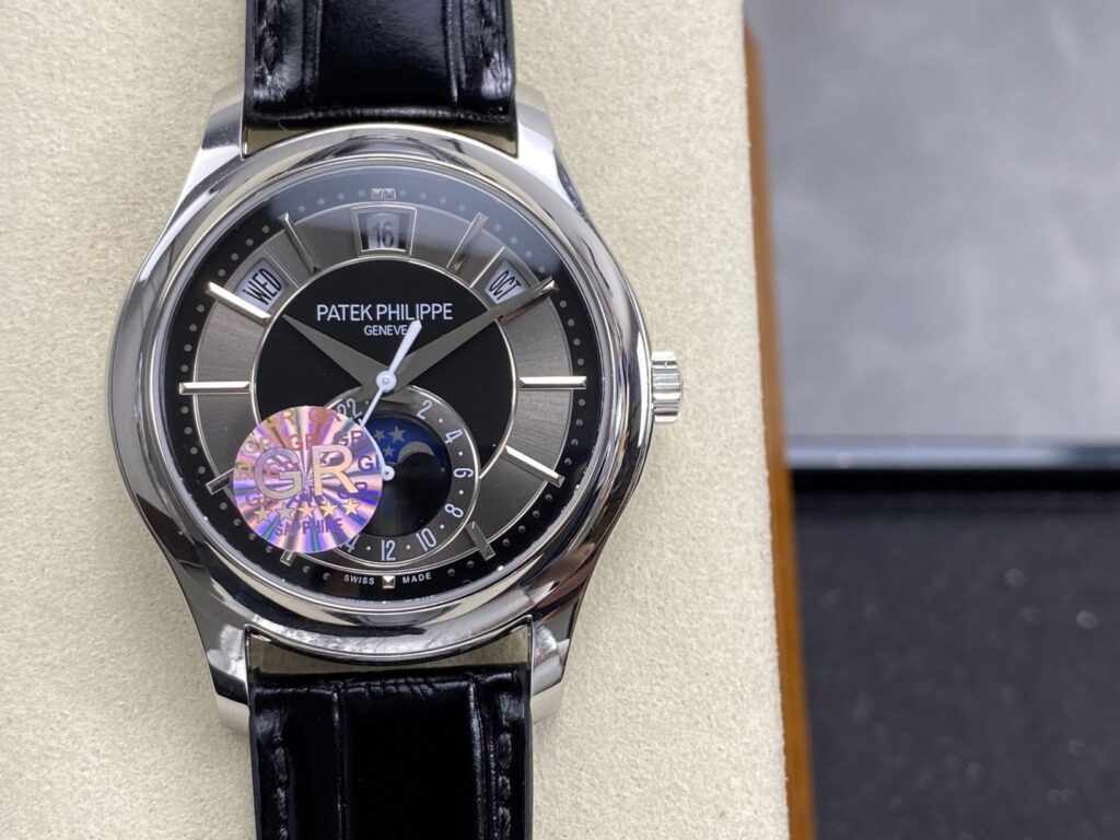 Super Clone Patek Philippe Complications 5205G-010 40mm Gray Dial Steel — dial close-up