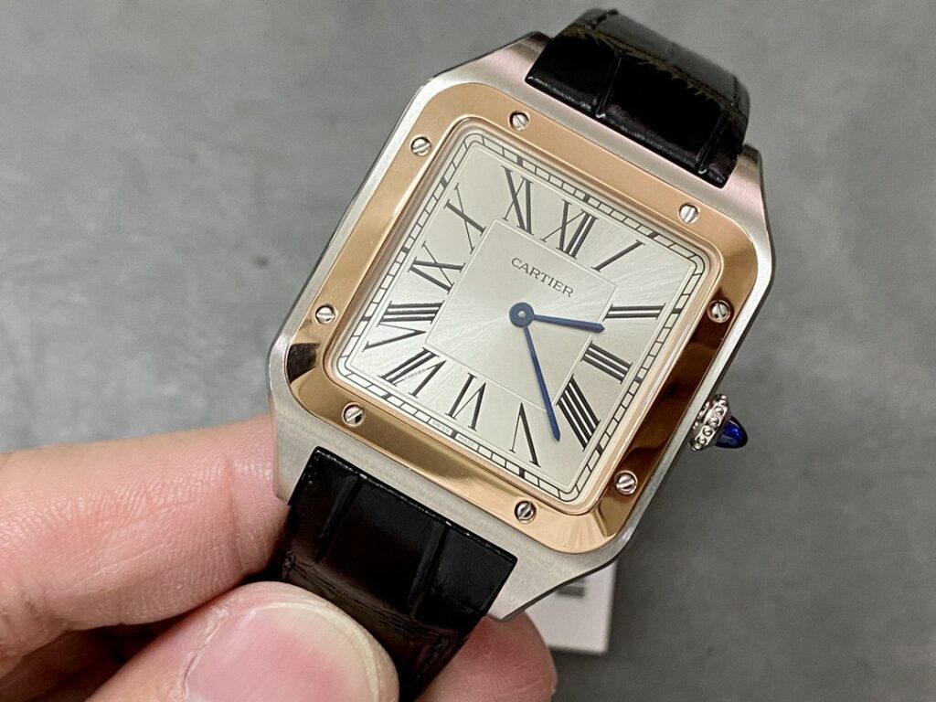 Super Clone Cartier Santos-Dumont 43.5mm W2SA0011 43.5mm x 31.4mm Demi Rose Gold — on leather display