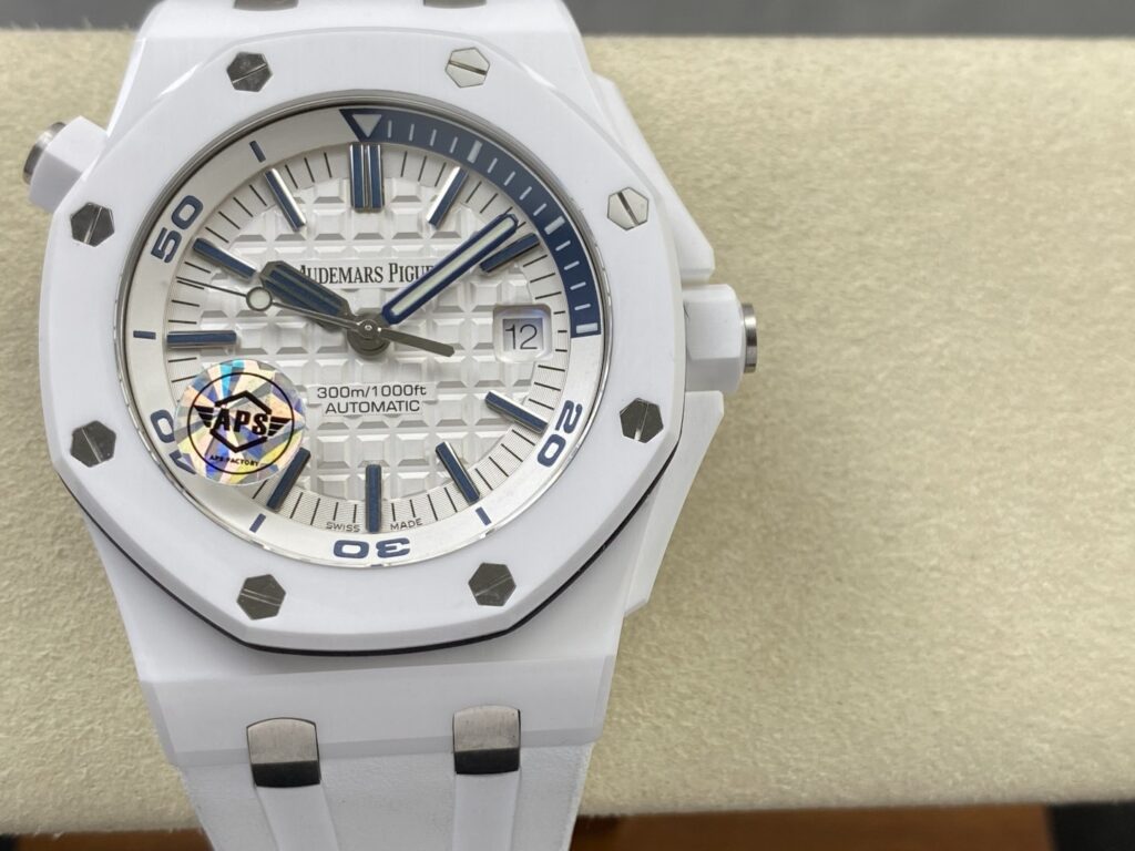 Super Clone Audemars Piguet Royal Oak Offshore Diver 15707CE 42mm White Dial Ceramic — dial close-up