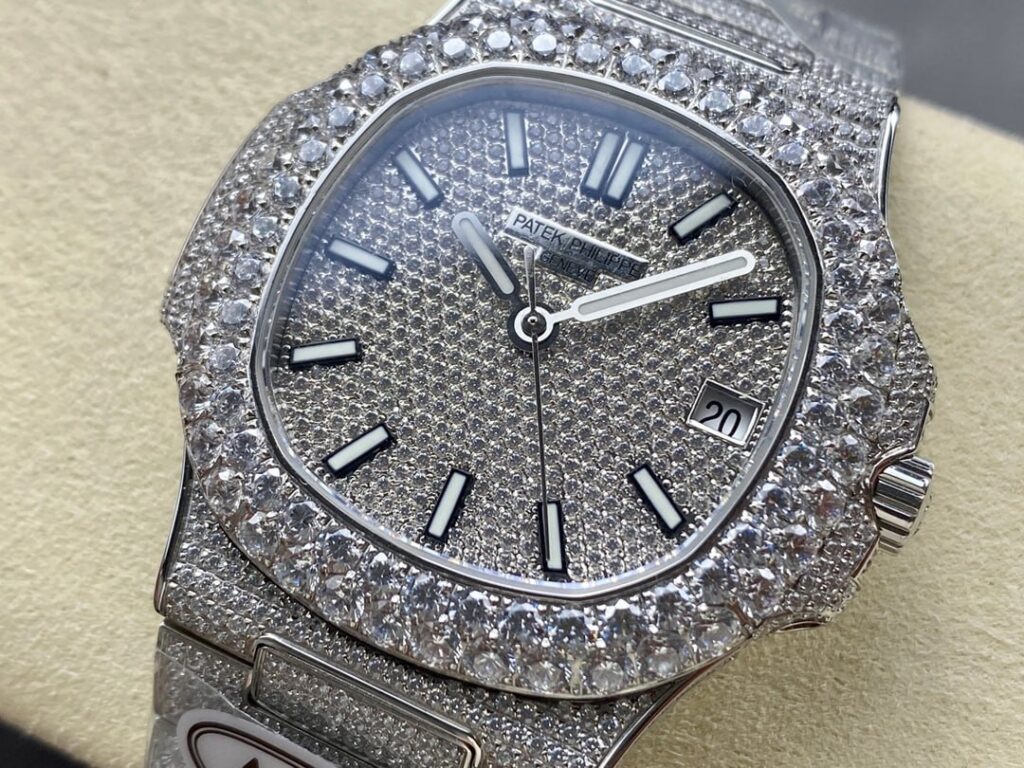 Super Clone Patek Philippe Nautilus 5711 40mm Up Full 3000pcs Moissanite Pave Hongkong – Customize Diamod — movement / caseback view