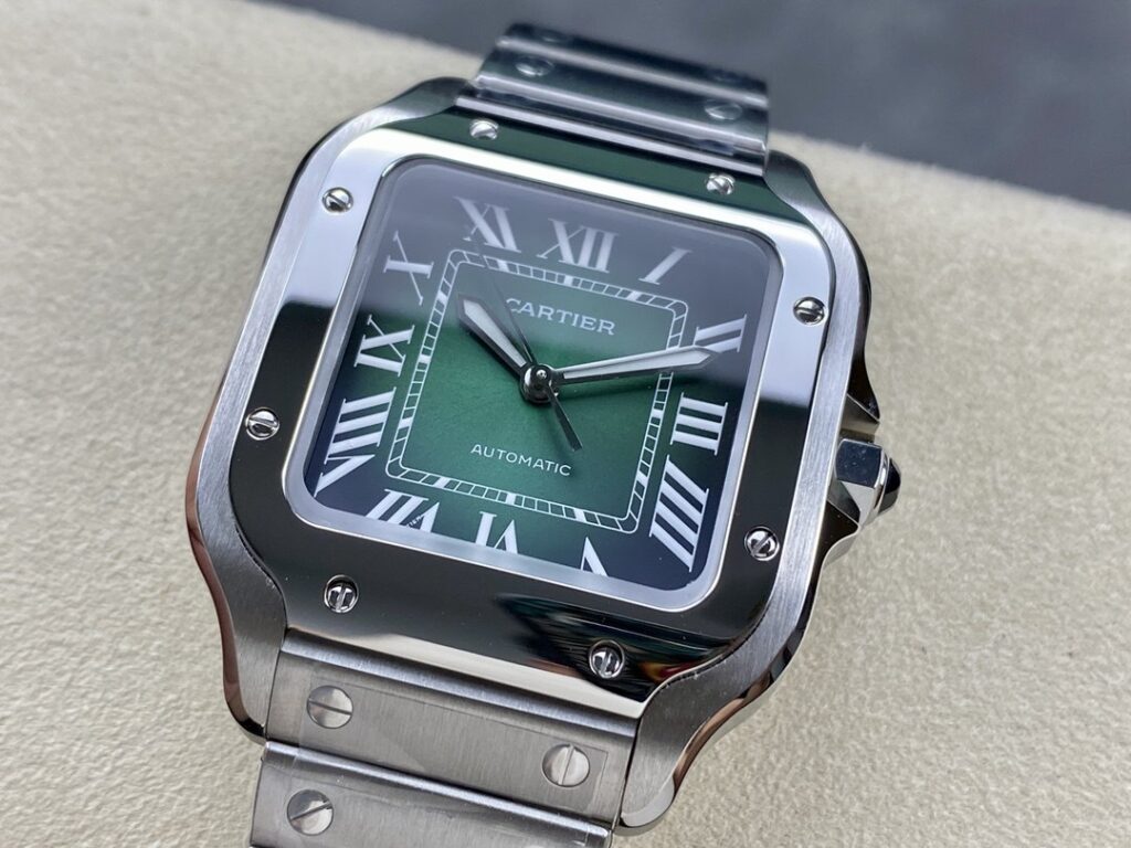 Super Clone Cartier Santos De Cartier Medium Green WSSA0061 35.5mm — on leather display