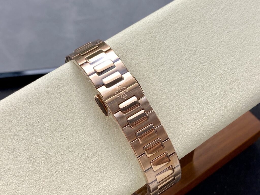 Super Clone Patek Philippe Nautilus 7118/1R-001 35.2mm White Dial Rose Gold — on leather display