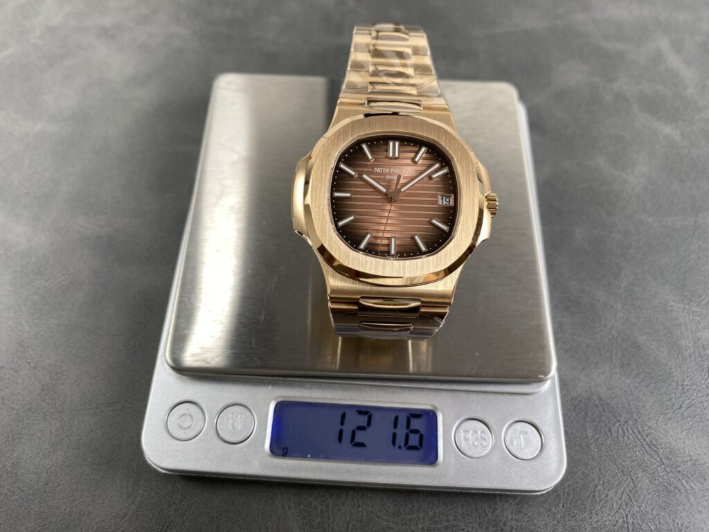 Super Clone Patek Philippe Nautilus 5711/1R-001 40mm Chocolate Dial Rose Gold V3 Update — on leather display