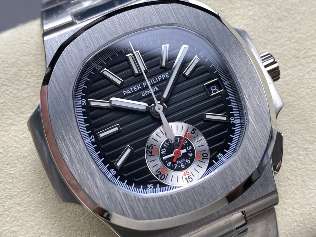 Super Clone Patek Philippe Nautilus Chronograph 5980/1A-014 40.5mm Black-Blue Dial — on leather display
