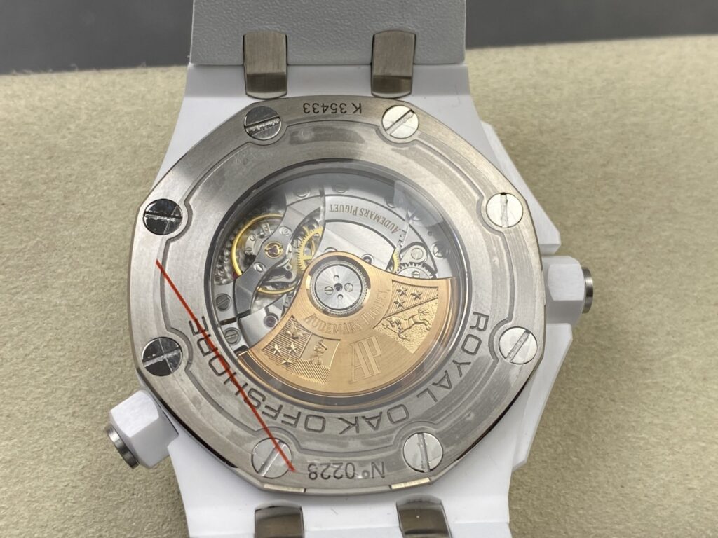 Super Clone Audemars Piguet Royal Oak Offshore Diver 15707CE 42mm White Dial Ceramic — on leather display