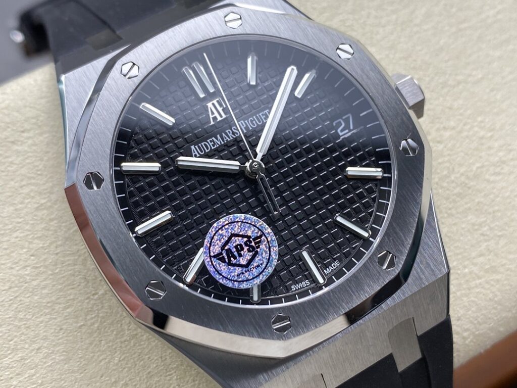 Super Clone Audemars Piguet Royal Oak 15500ST.OO.1220ST.03 41mm Black Rubber Strap — on leather display
