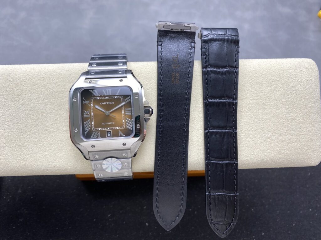 Super Clone Cartier Santos De Cartier Chocolate Dial WSSA0065 35.5mm — on leather display
