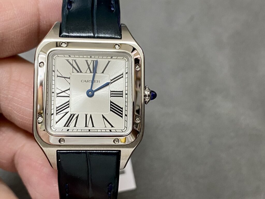 Super Clone Cartier Santos-Dumont 43.5mm WSSA0022 43.5mm x 31.4mm Steel — on leather display