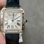 Super Clone Cartier Santos-Dumont 43.5mm WSSA0022 43.5mm x 31.4mm Steel — on leather display