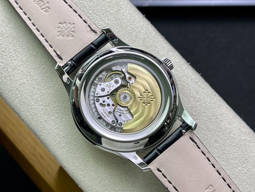 Super Clone Patek Philippe Complications 5205G-001 40mm White Dial Steel — on leather display