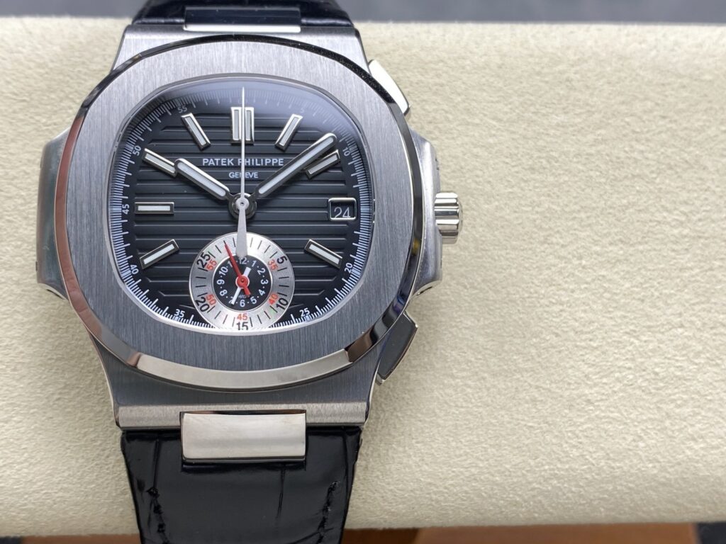 Super Clone Patek Philippe Nautilus Chronograph 5980/1A-014 40.5mm Black Dial with Leather Strap — dial close-up